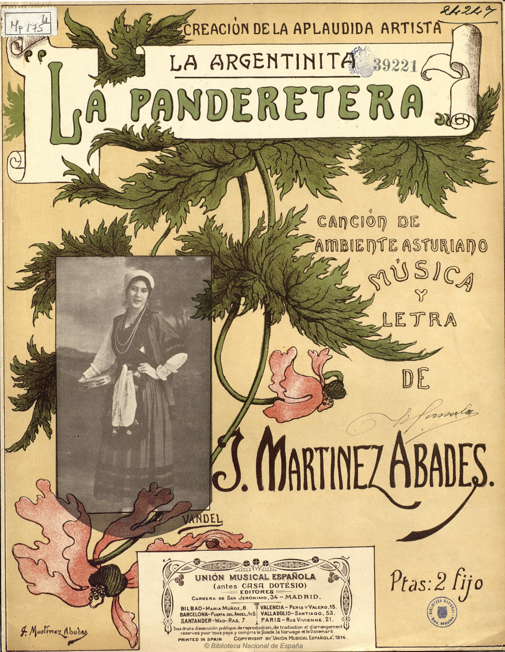 La panderetera: Canción de ambiente asturiano / letra y música de Juan Martínez Abades 